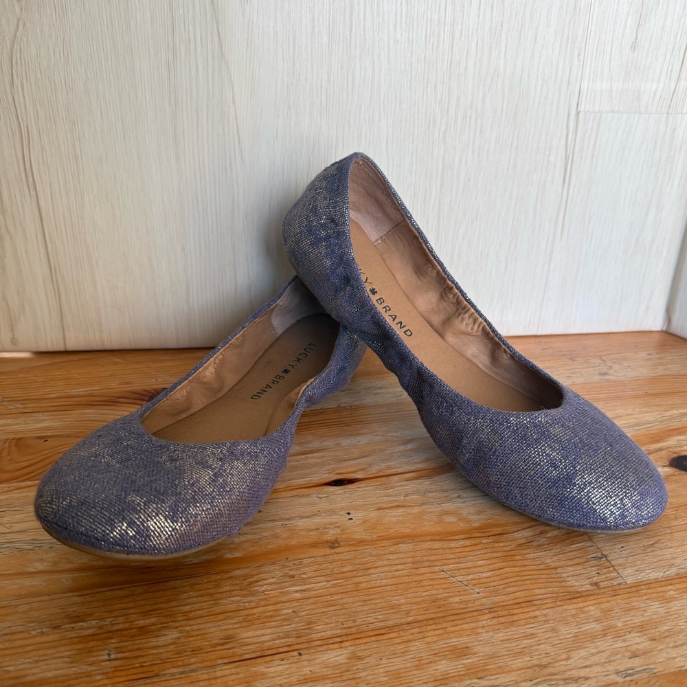 NWOB Lucky Brand Emmie Blue Diva Denim Metallic Ballet Flats Women’s 9 Travel
